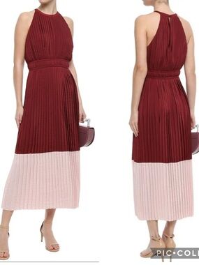 Joie Aleanna Pleated Halter Colorblock Midi Dress Burgundy Blush Size 10